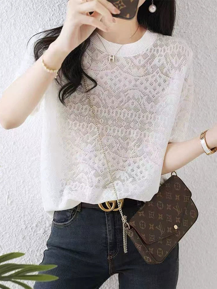 Ladies' hollowed out ice silk T-shirt summer thin casual white short sleeved top