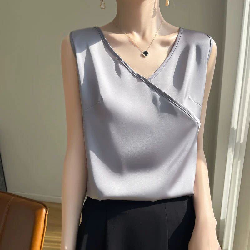 Ladies' silk camisole cross V-neck sleeveless loose fitting acetate satin T-shirt