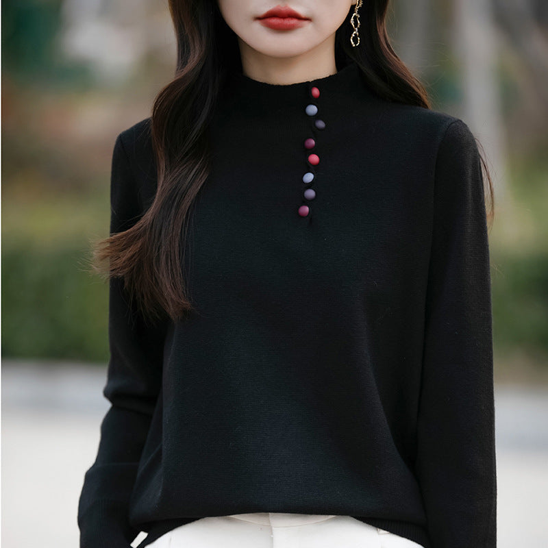 Korean style small stand up collar color buckle pullover versatile warm sweater casual loose versatile soft glutinous knitted top