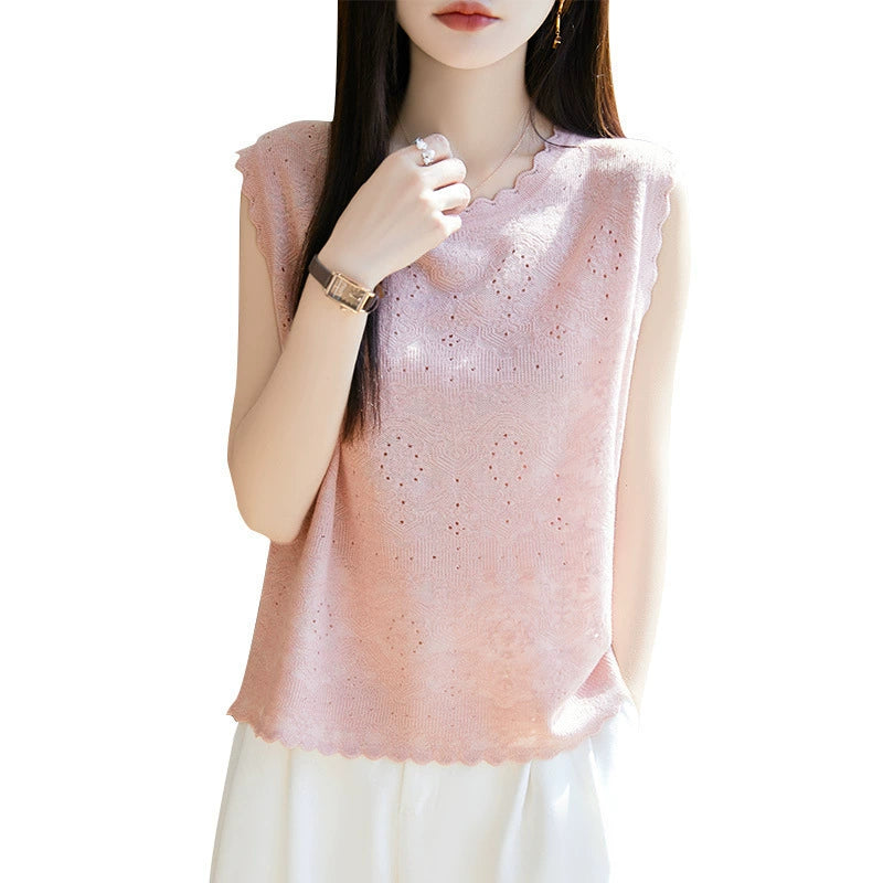 Women's woven wool lace round neck knitted vest with hollowed out jacquard sleeveless base sweater
