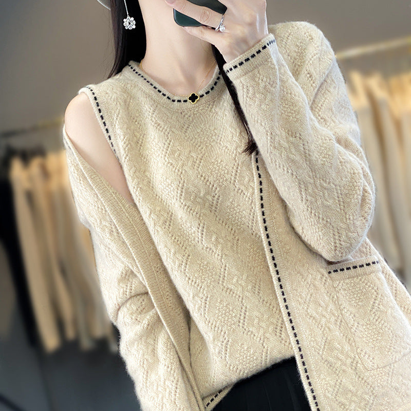 New handmade crochet top with 100% wool sweater loose vest cardigan two-piece sweater set