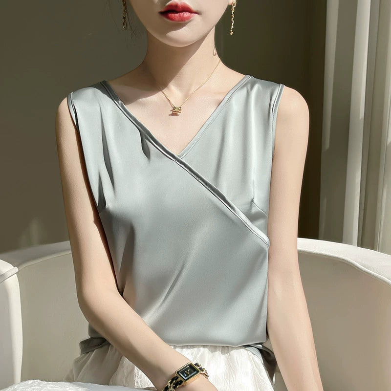 Ladies' silk camisole cross V-neck sleeveless loose fitting acetate satin T-shirt