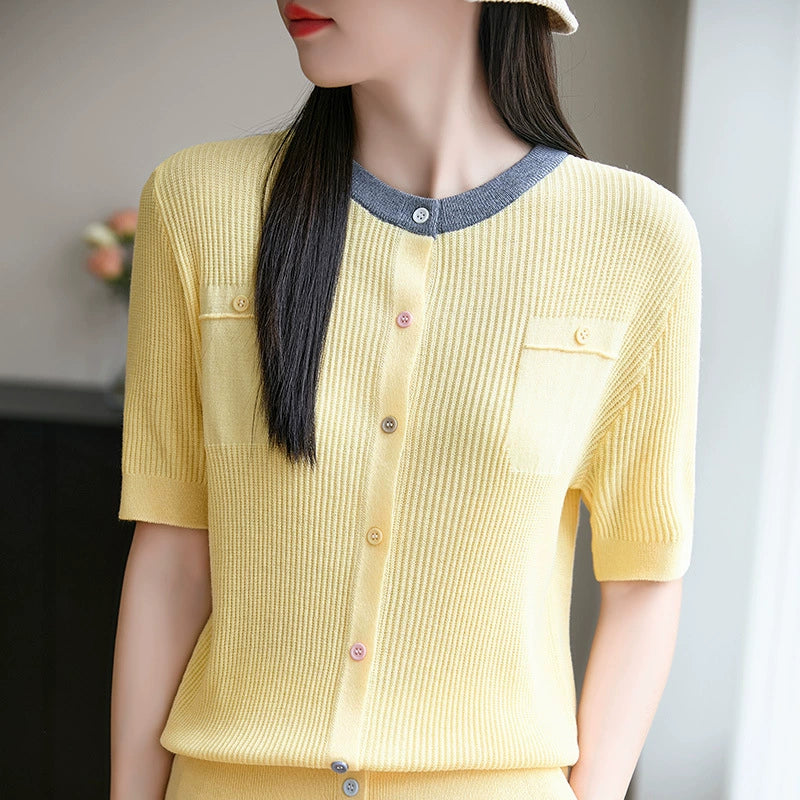 New style spun wool round neck knitted cardigan short sleeved button with loose color matching