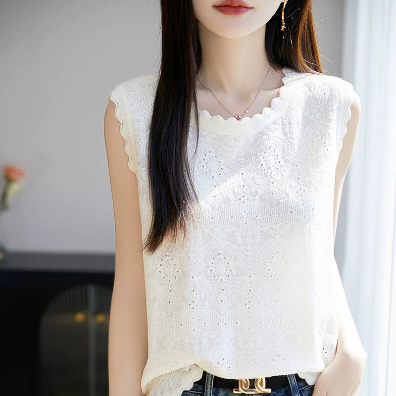 Women's woven wool lace round neck knitted vest with hollowed out jacquard sleeveless base sweater