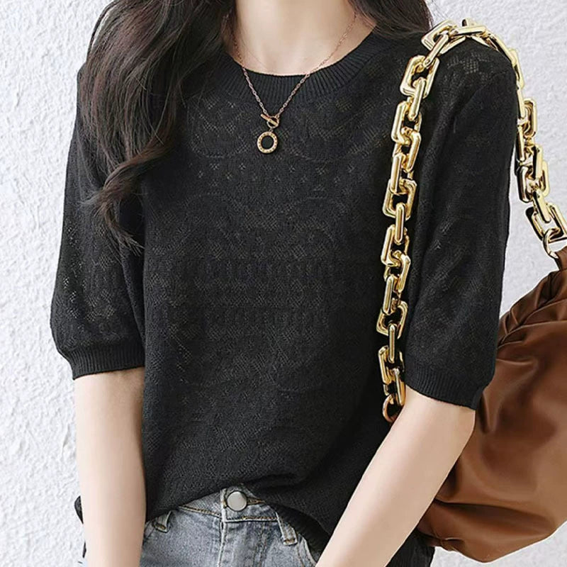 Ladies' hollowed out ice silk T-shirt summer thin casual white short sleeved top
