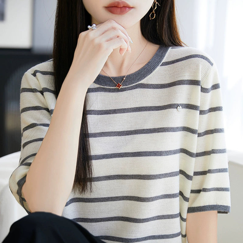 Summer New Knitted Wool Round Neck Knitted Shirt Short Sleeve T-shirt Women's Color blocked Loose and Versatile Match