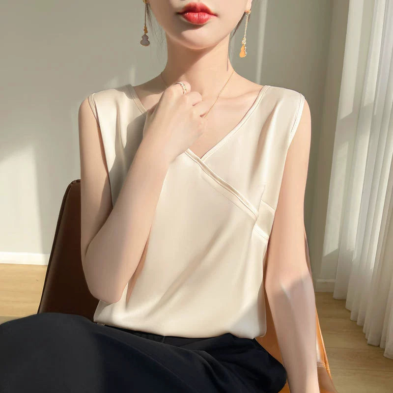 Ladies' silk camisole cross V-neck sleeveless loose fitting acetate satin T-shirt