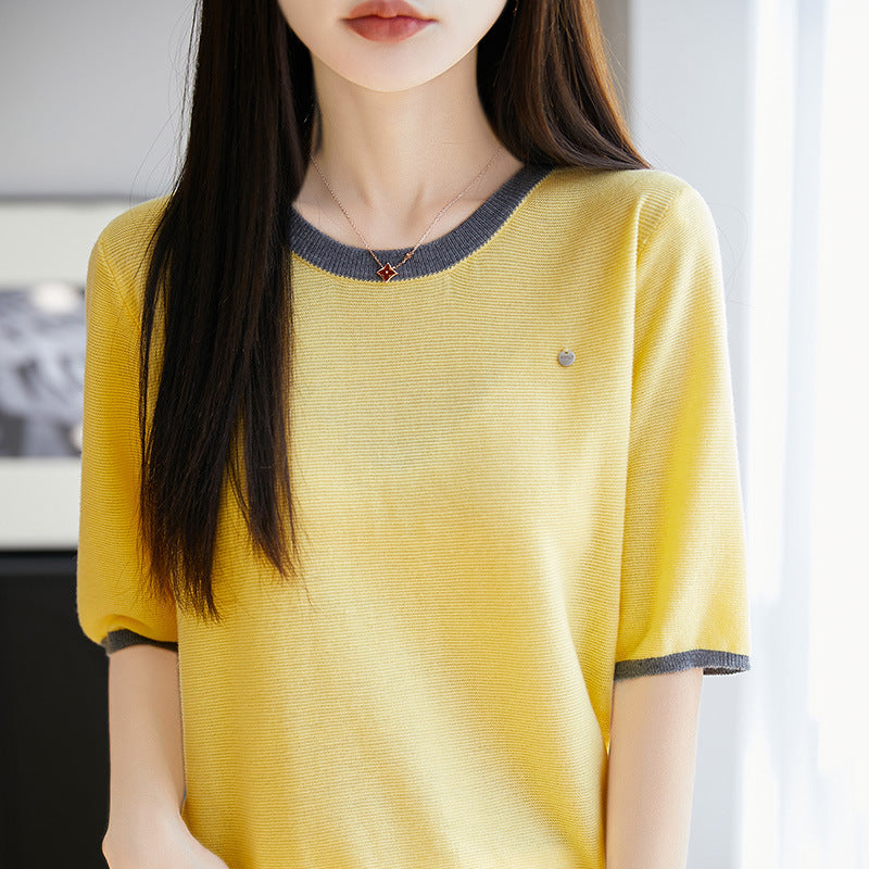 Summer New Knitted Wool Round Neck Knitted Shirt Short Sleeve T-shirt Women's Color blocked Loose and Versatile Match