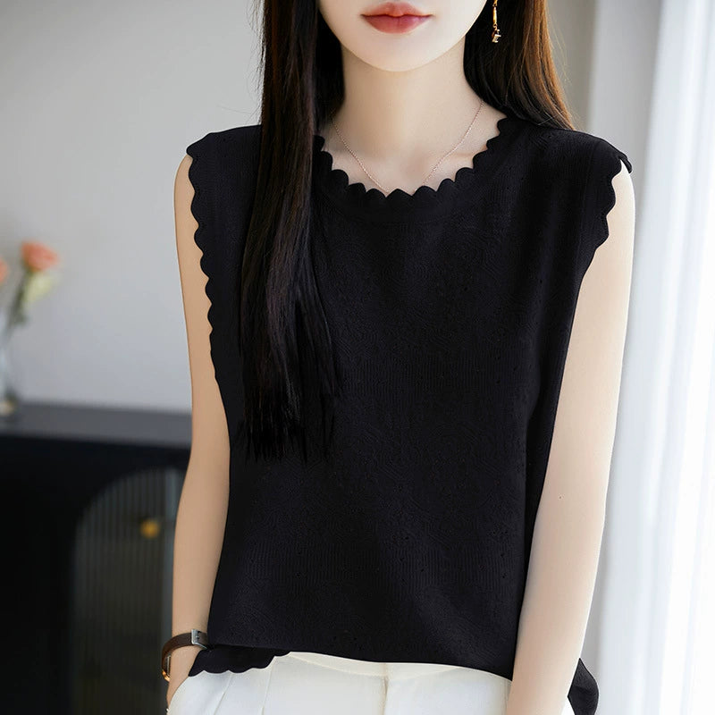 Women's woven wool lace round neck knitted vest with hollowed out jacquard sleeveless base sweater